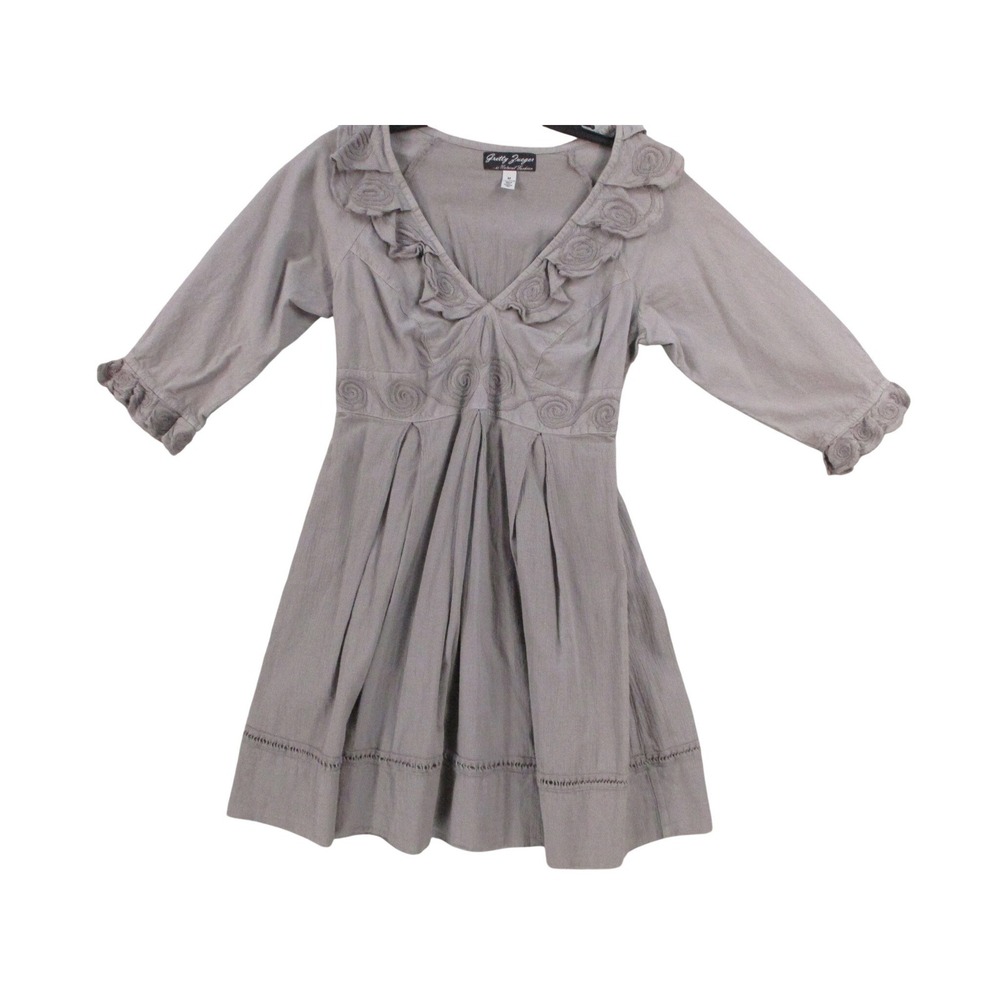 Gretty Zueger Grey 100% Cotton Rosette Embroidered V-Neck Dress Women M Peru